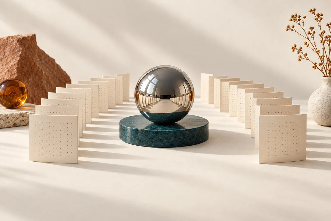 Cream dotted cards curving toward a chrome sphere that reflects them as an ordered grid