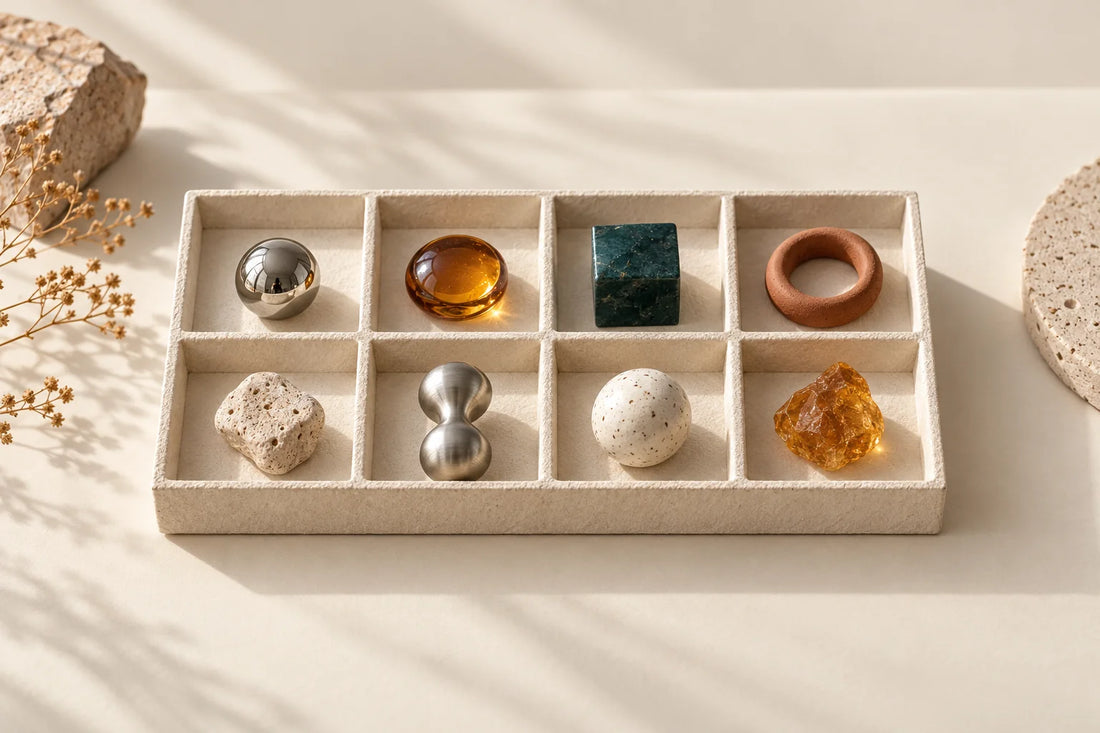 Specimen tray of eight compartments holding small chrome, amber, teal and terracotta objects