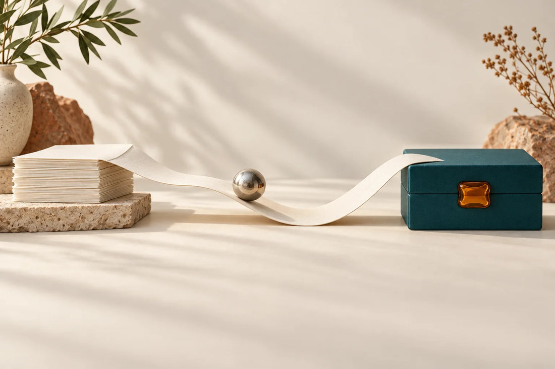 Cream paper path from loose cards to a closed teal box with an amber clasp