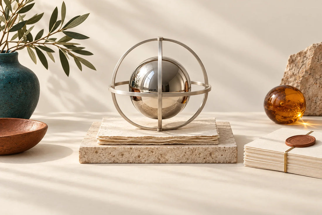 Chrome sphere inside an aluminium cage beside stacked cream cards and a terracotta seal