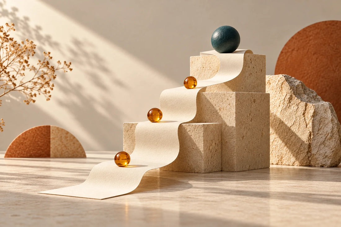 Winding cream paper path rising over stone steps toward a teal sphere