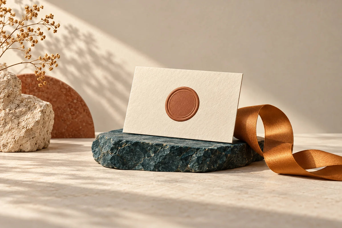 Cream card with a blank terracotta embossed seal and an amber ribbon on teal stone