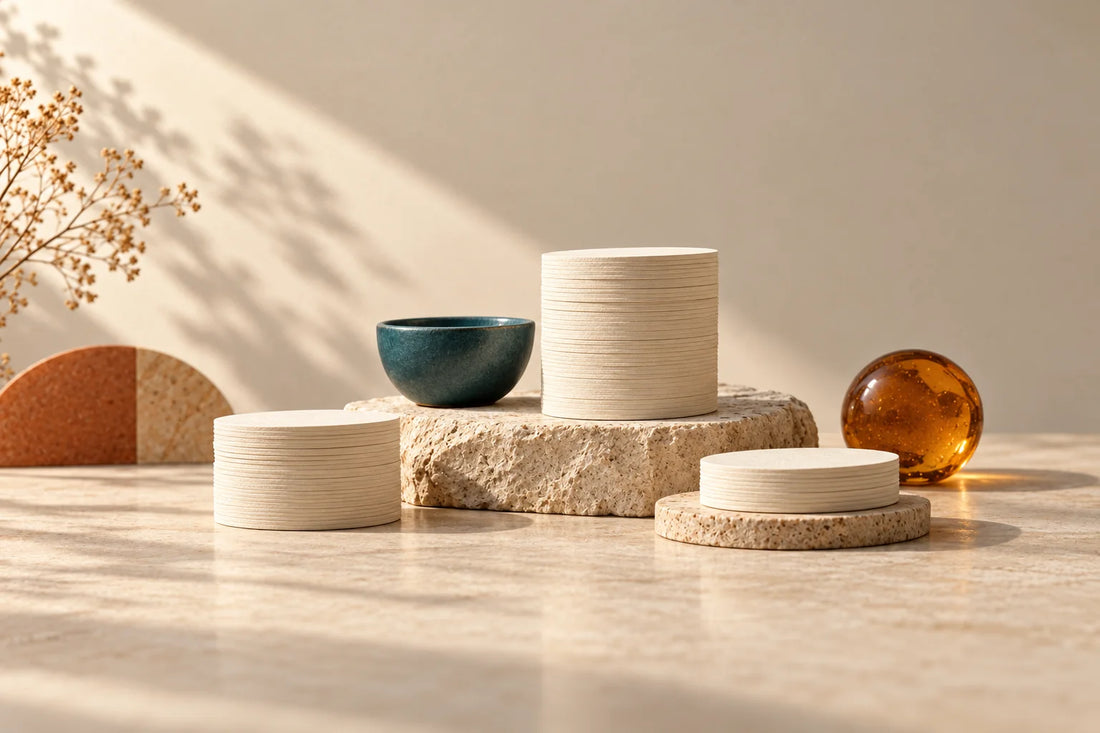 Stacks of cream paper discs of different heights beside a teal bowl and an amber weight