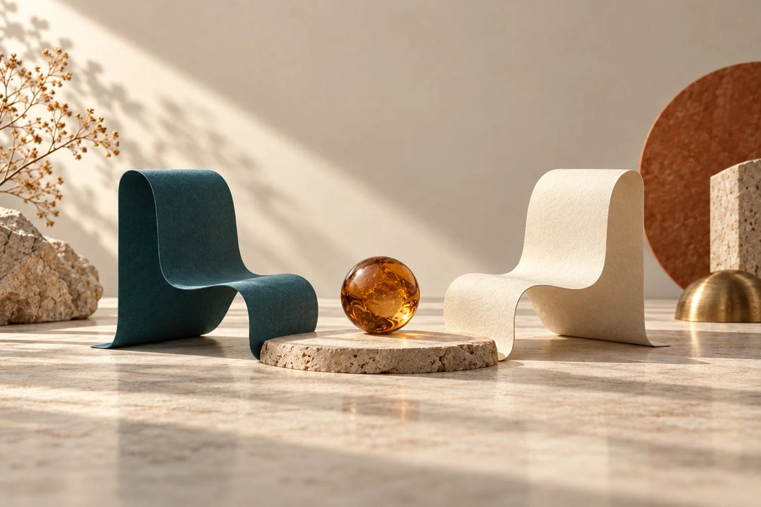Two curved paper forms in teal and cream facing each other with an amber sphere between