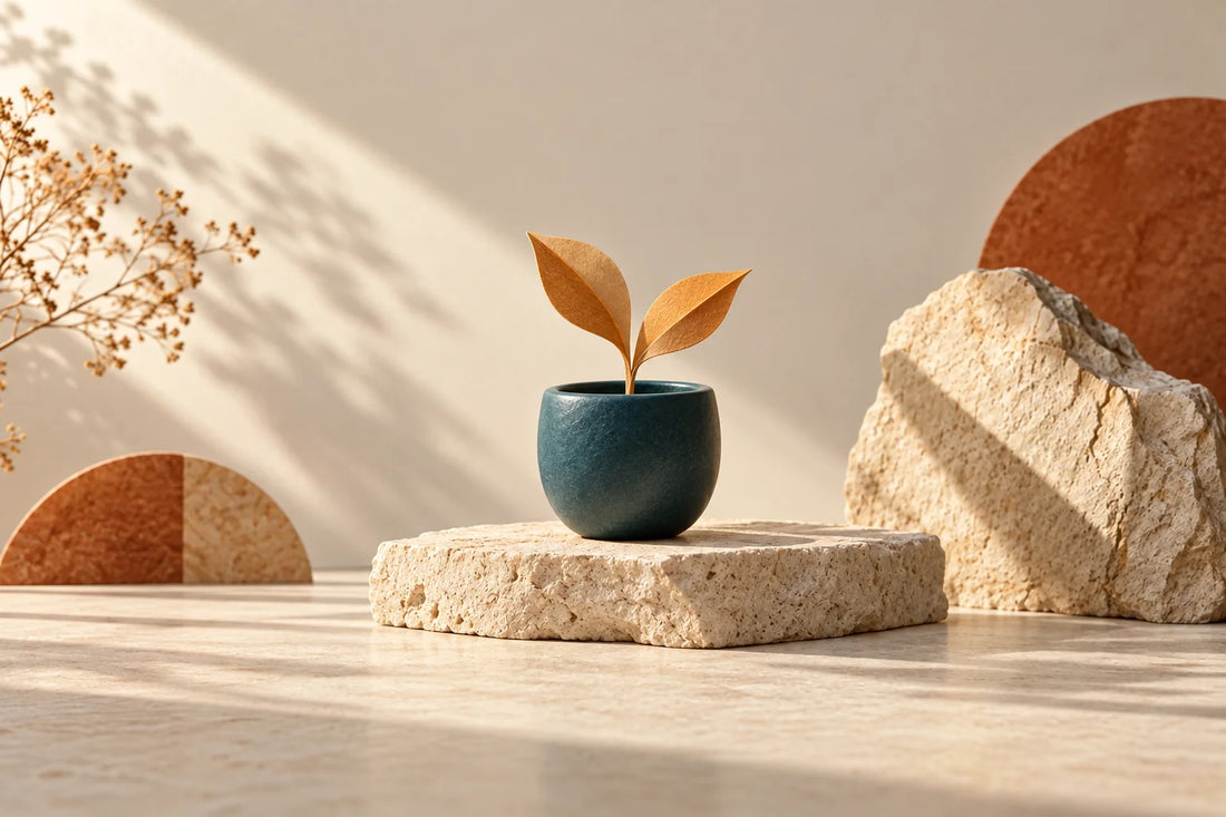 Folded amber paper sprout rising from a teal ceramic pot in morning light