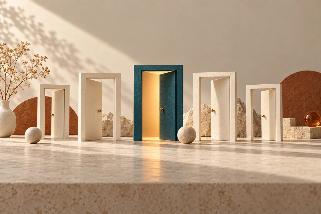 Small cream doorframe models on limestone with one teal doorway lit by amber light