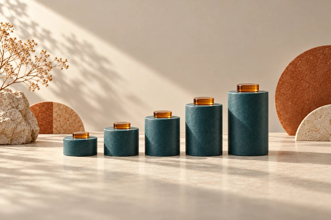 Teal ceramic cylinders rising in height from left to right, each topped with amber