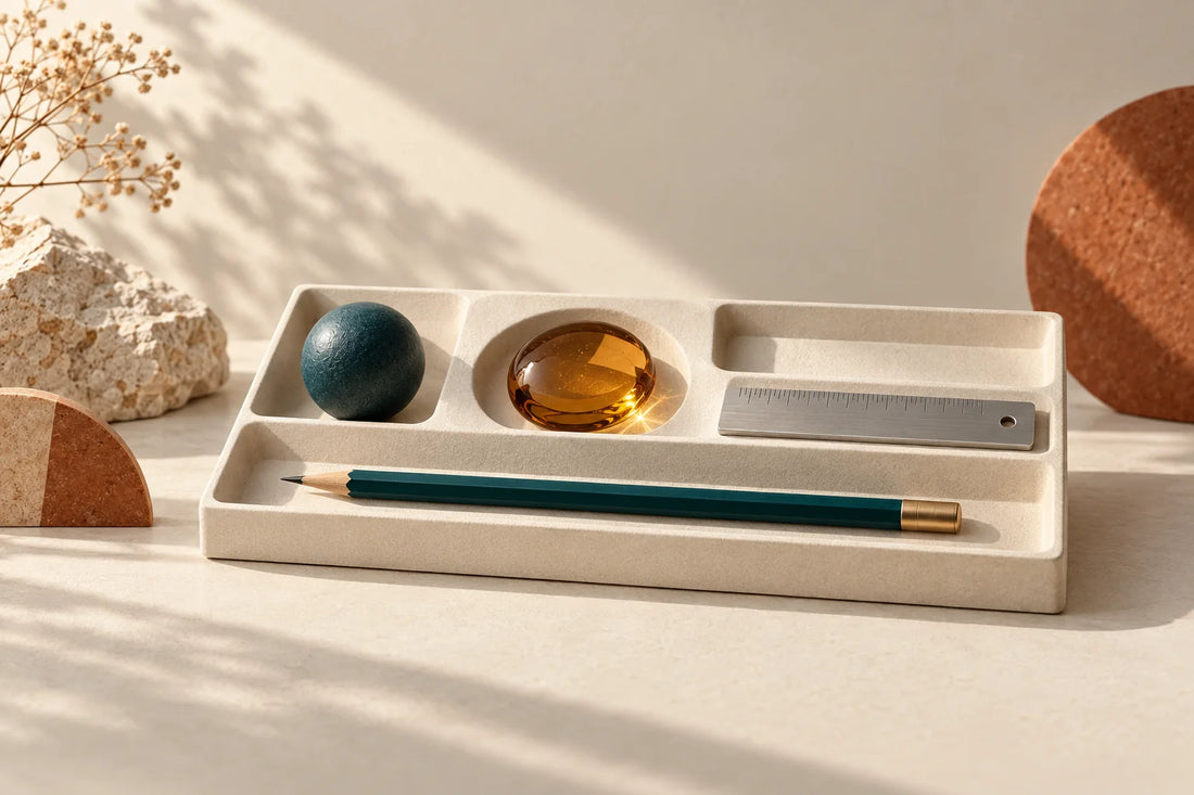 Cream toolkit tray with a teal pencil, aluminium ruler, amber lens and ceramic sphere