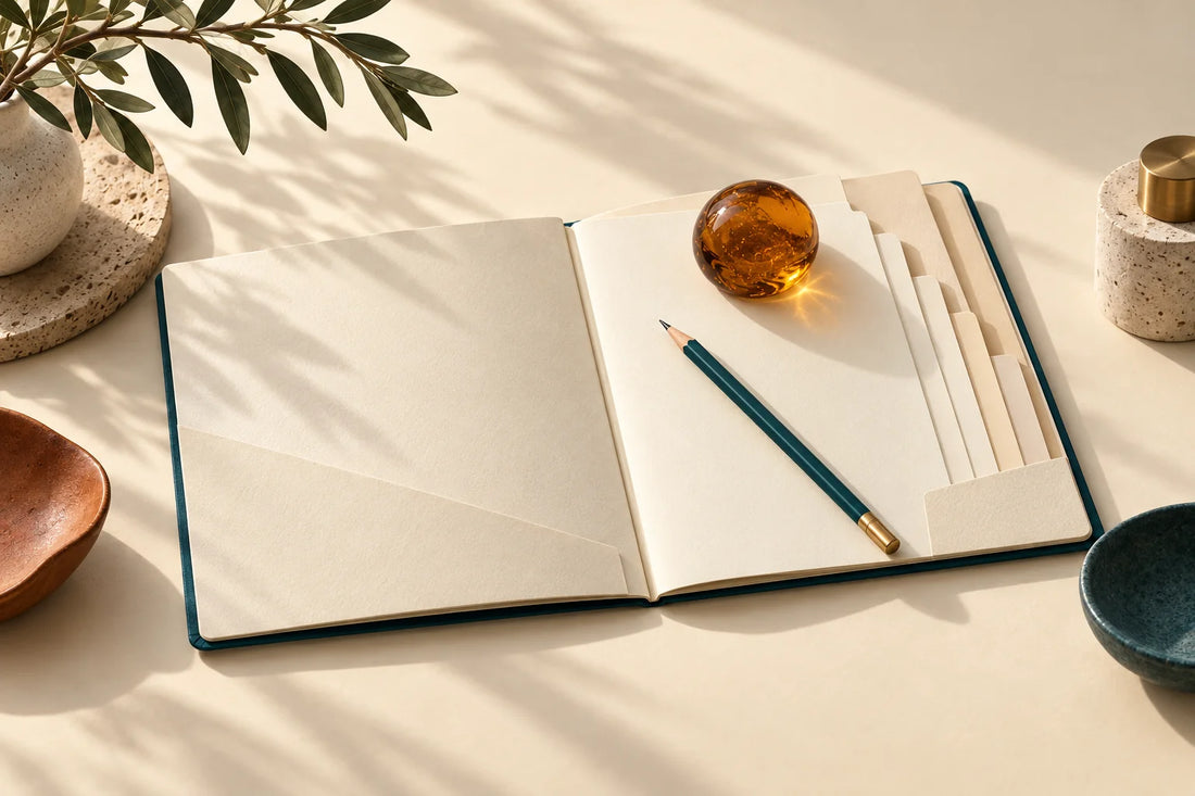 Open ivory folder with tabbed divider sheets, a teal pencil and an amber paperweight