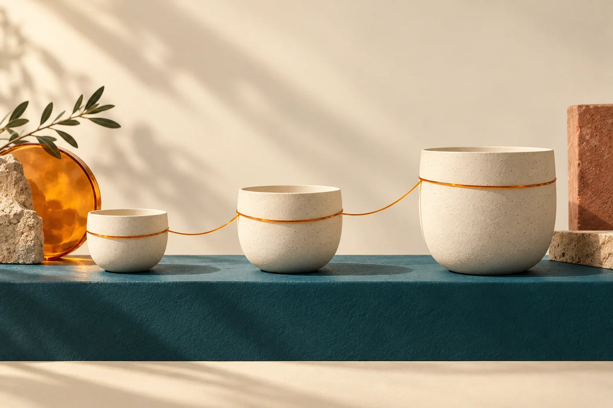 Three cream ceramic vessels of increasing size linked by a thin amber thread