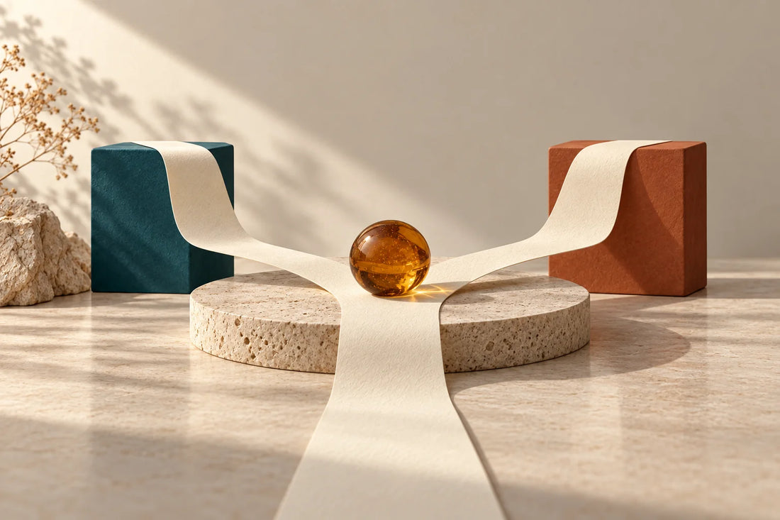 Cream paper path splitting toward a teal block and a terracotta block