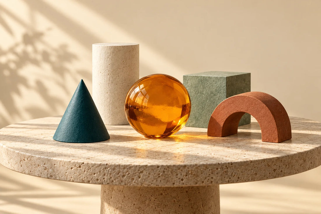 Teal, cream, sage and terracotta shapes arranged around an amber sphere on a stone table