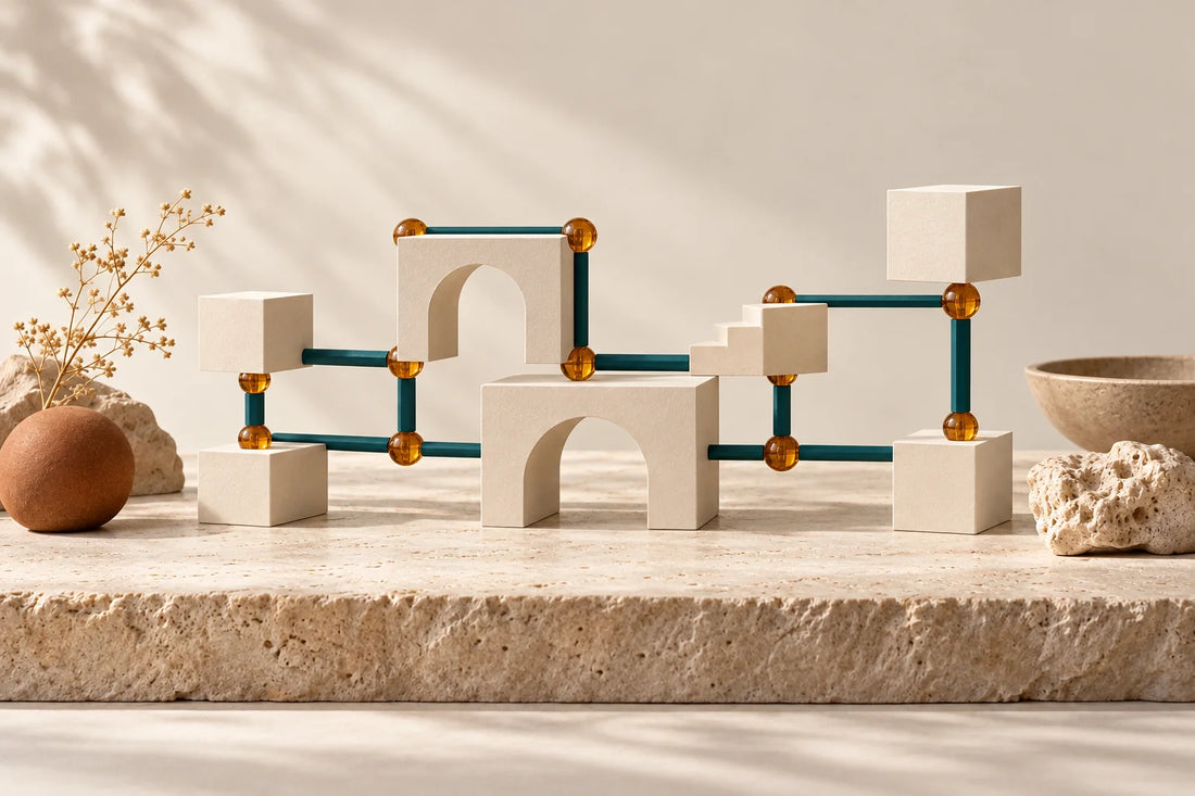Modular model of cream paper blocks joined by teal connectors with amber nodes