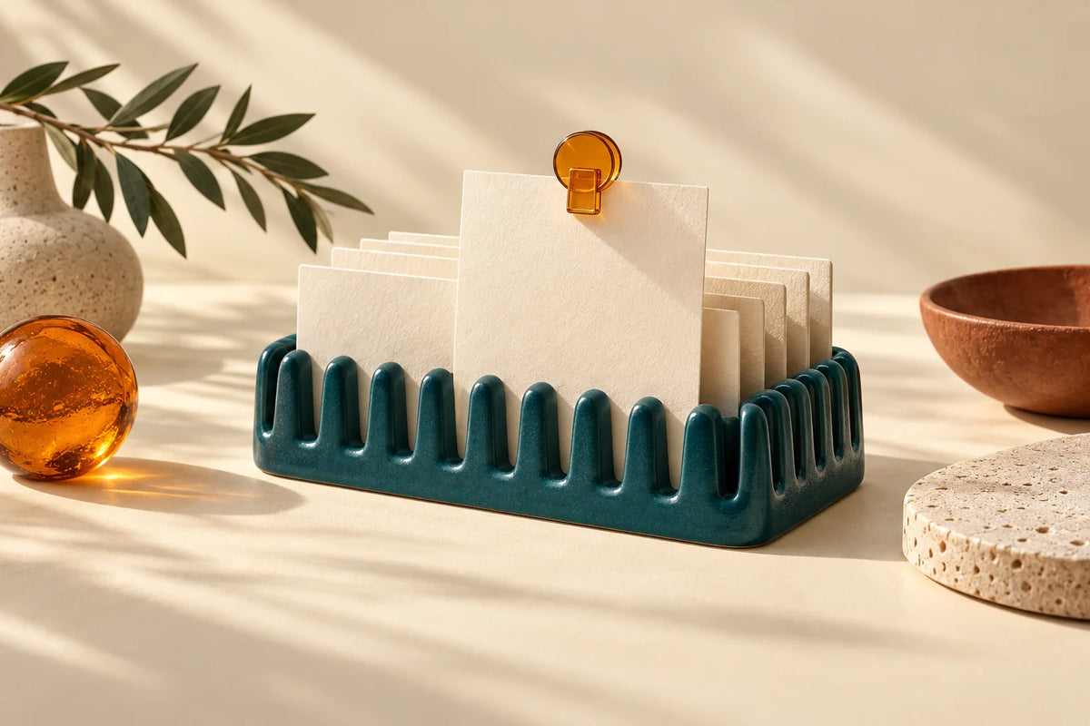 Cream cards in a teal ceramic rack with one card pulled up and held by an amber clip
