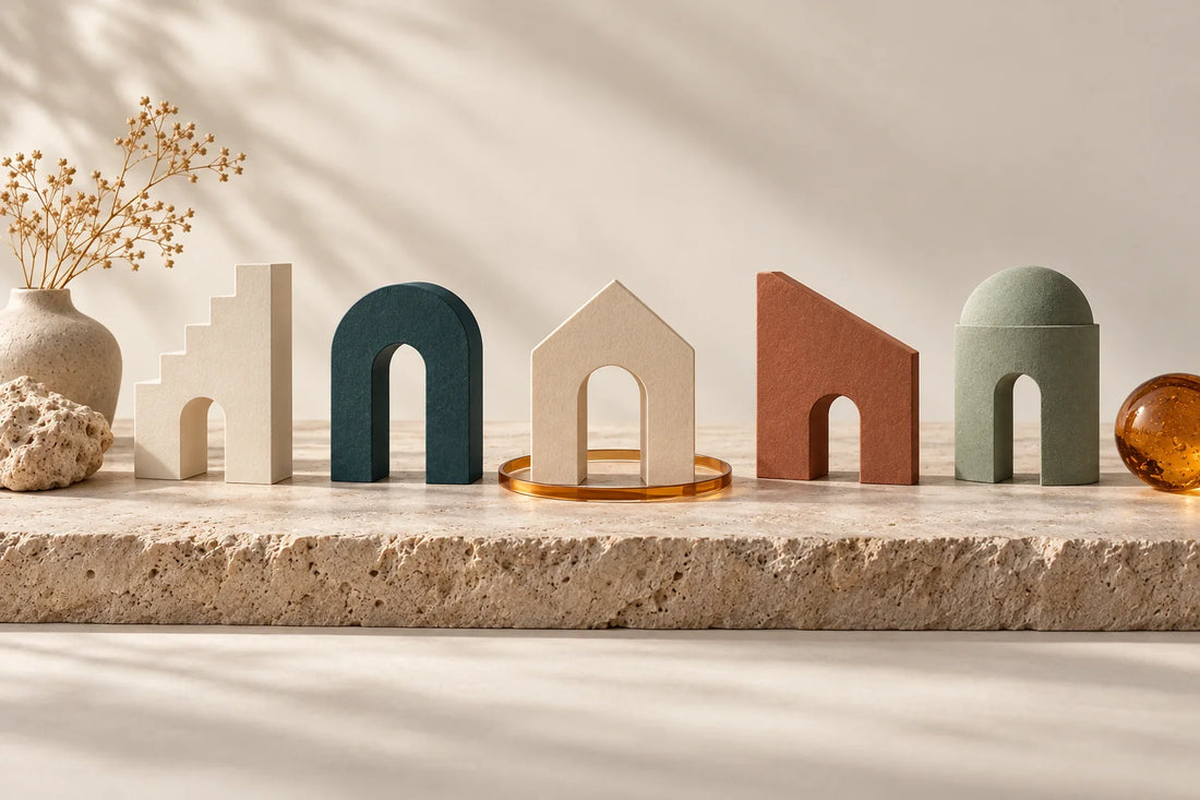 Five cream paper building models on a stone ledge, one encircled by an amber ring