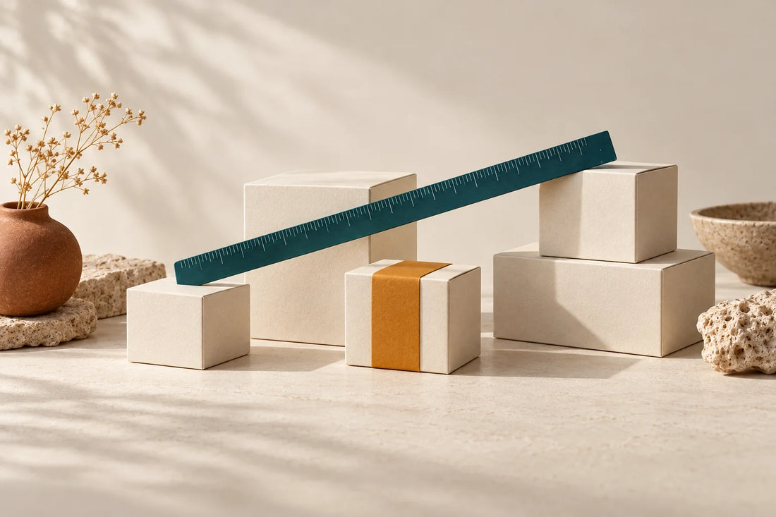 Cream paper boxes of different sizes with a teal rule across them and one amber band