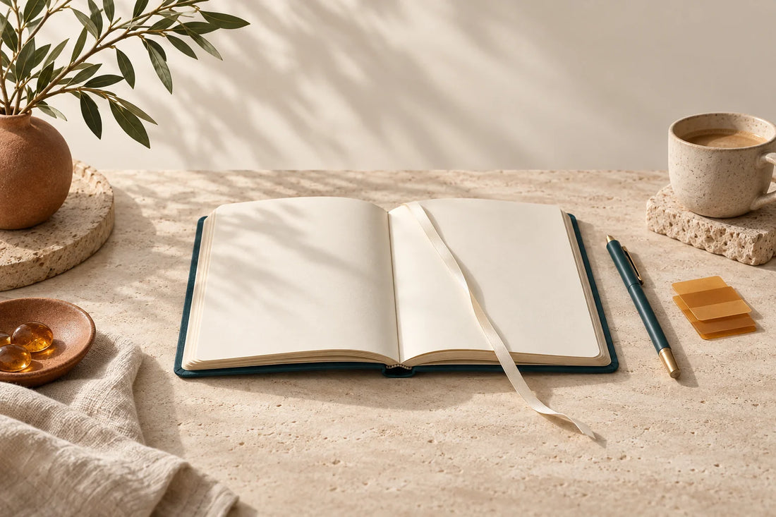 Open blank workbook with a teal stylus, amber tabs and a ceramic cup