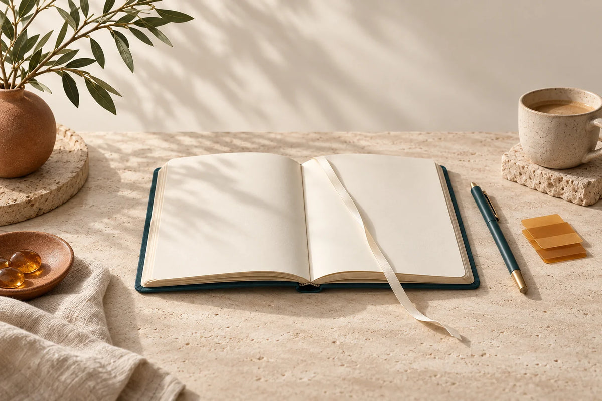 Open blank workbook with a teal stylus, amber tabs and a ceramic cup
