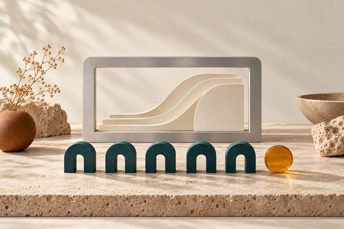 Cream paper model inside an aluminium frame with teal test blocks and an amber disc