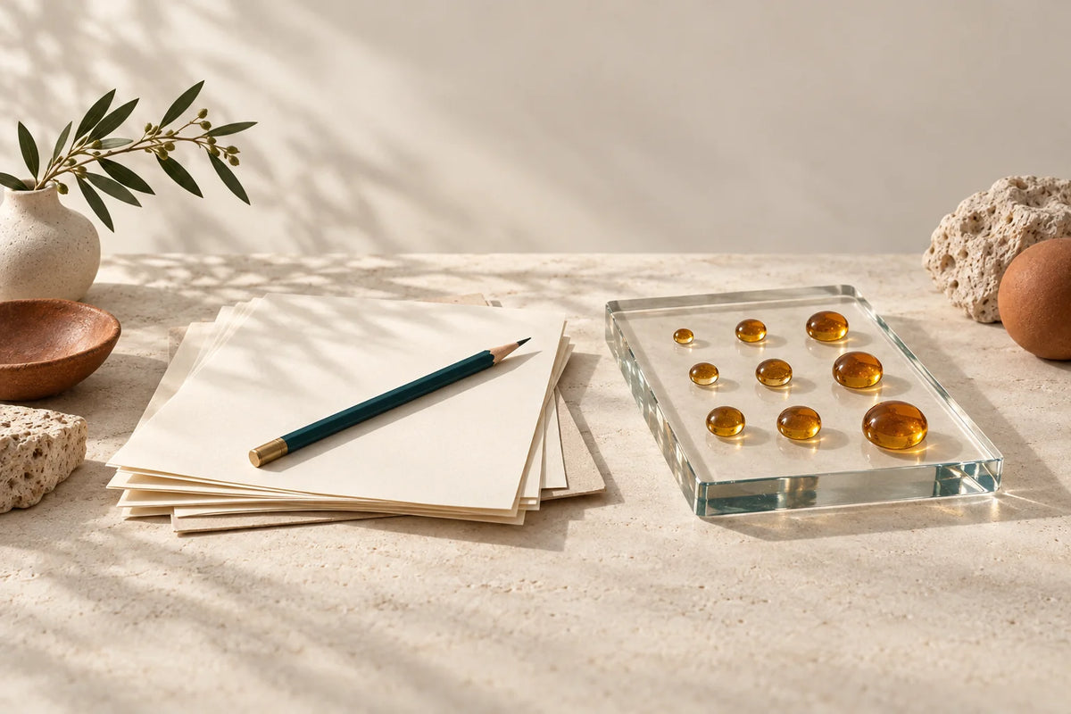 Loose cream paper forms beside a clear glass slab with embedded amber dots