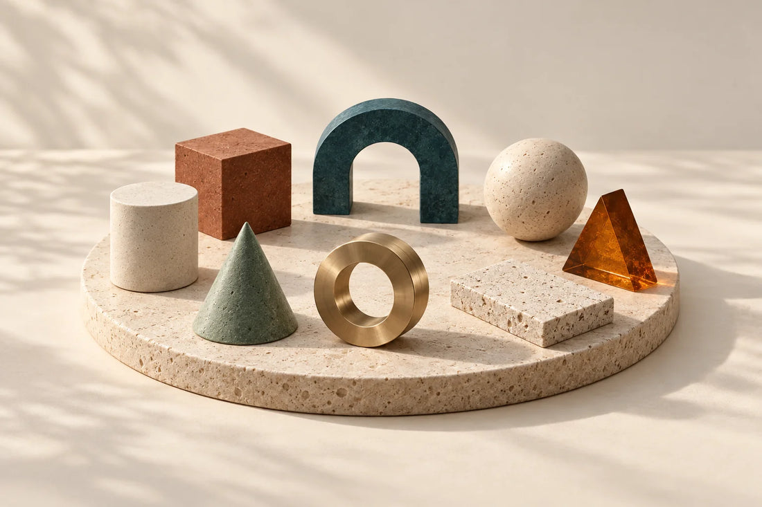 Eight small sculptural objects in teal, cream, sage and amber arranged in a circle on limestone