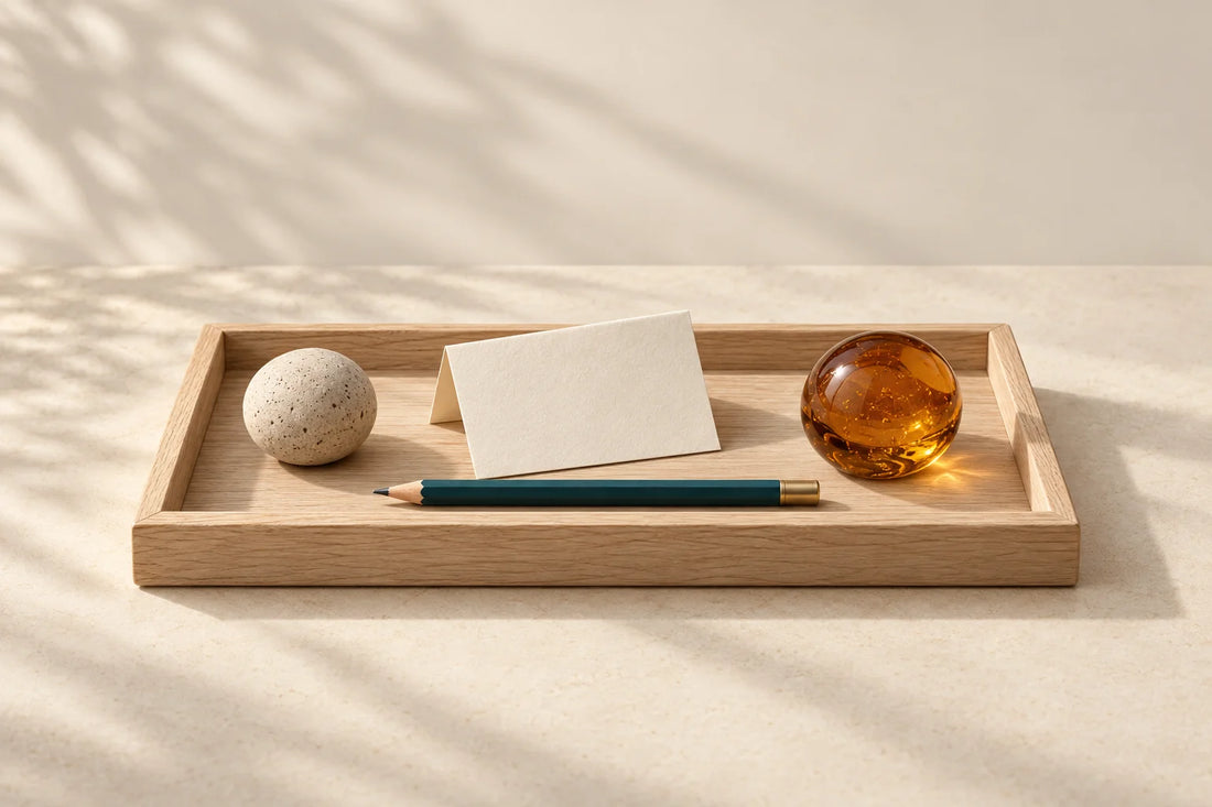 Oak tray with a teal pencil, amber paperweight, folded cream card and a small stone