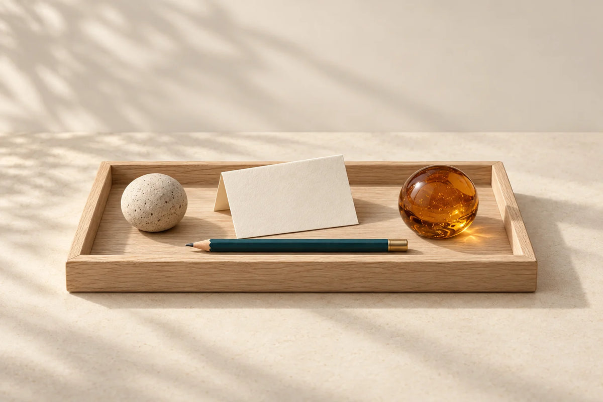 Oak tray with a teal pencil, amber paperweight, folded cream card and a small stone