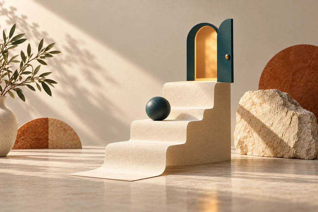 Cream paper staircase leading to an open teal doorway with amber light