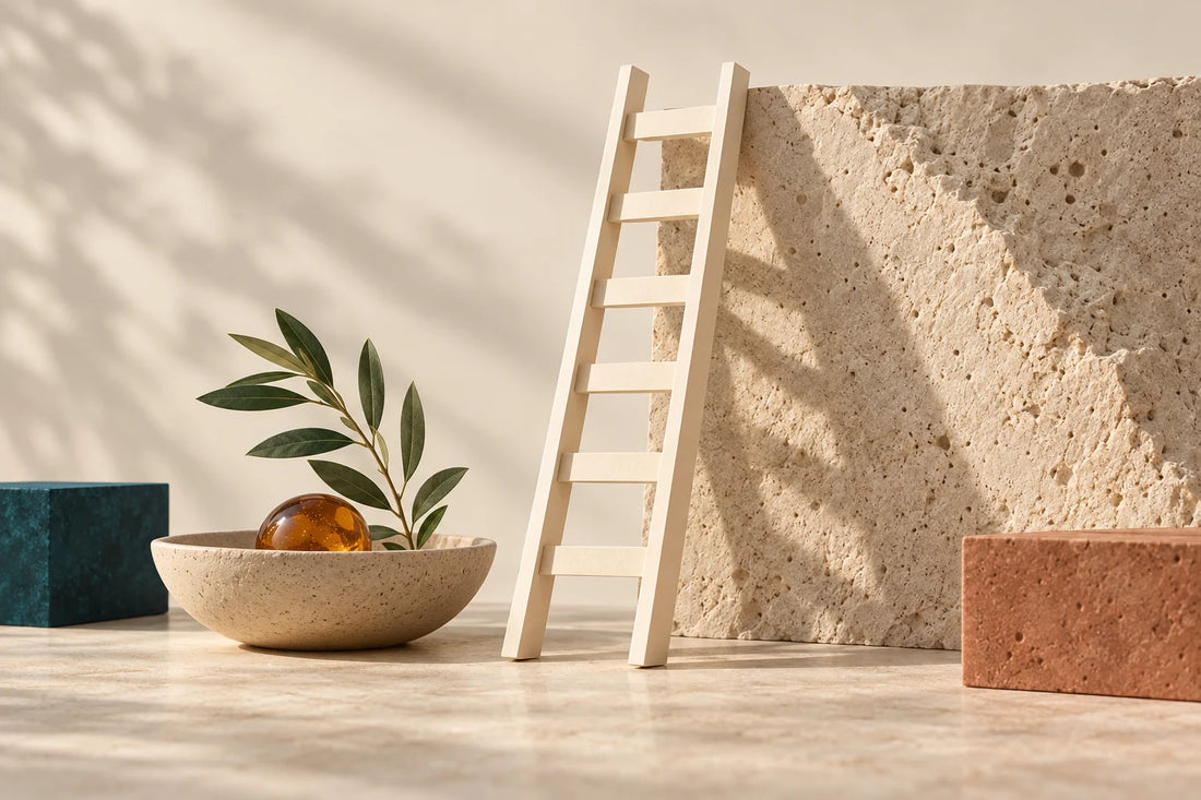 Cream paper ladder against a stone wall beside a bowl with a green cutting