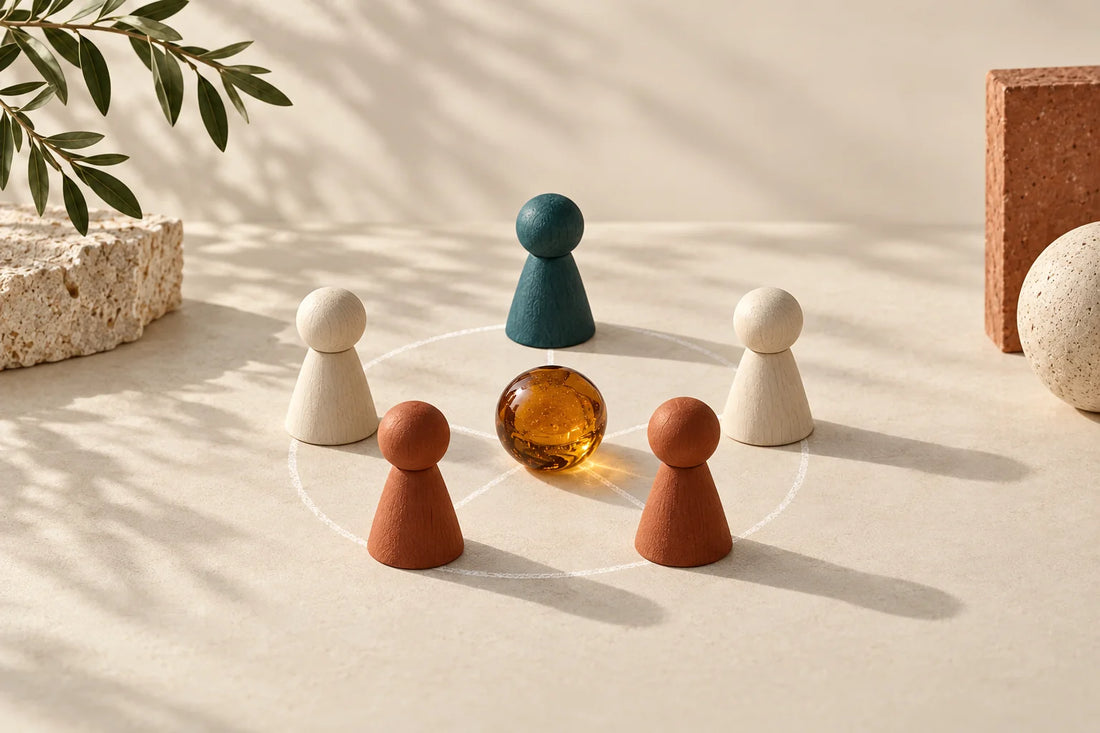 Five turned wooden pieces placed like a team formation around an amber ball