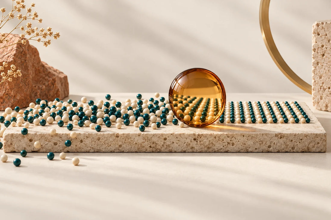 Scattered cream and teal beads gradually forming an ordered pattern beside an amber lens