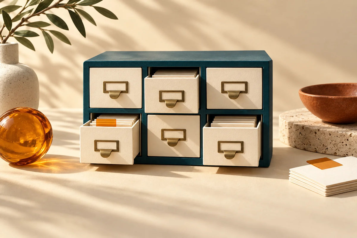 Miniature cabinet of cream drawers in a teal frame with filed paper cards