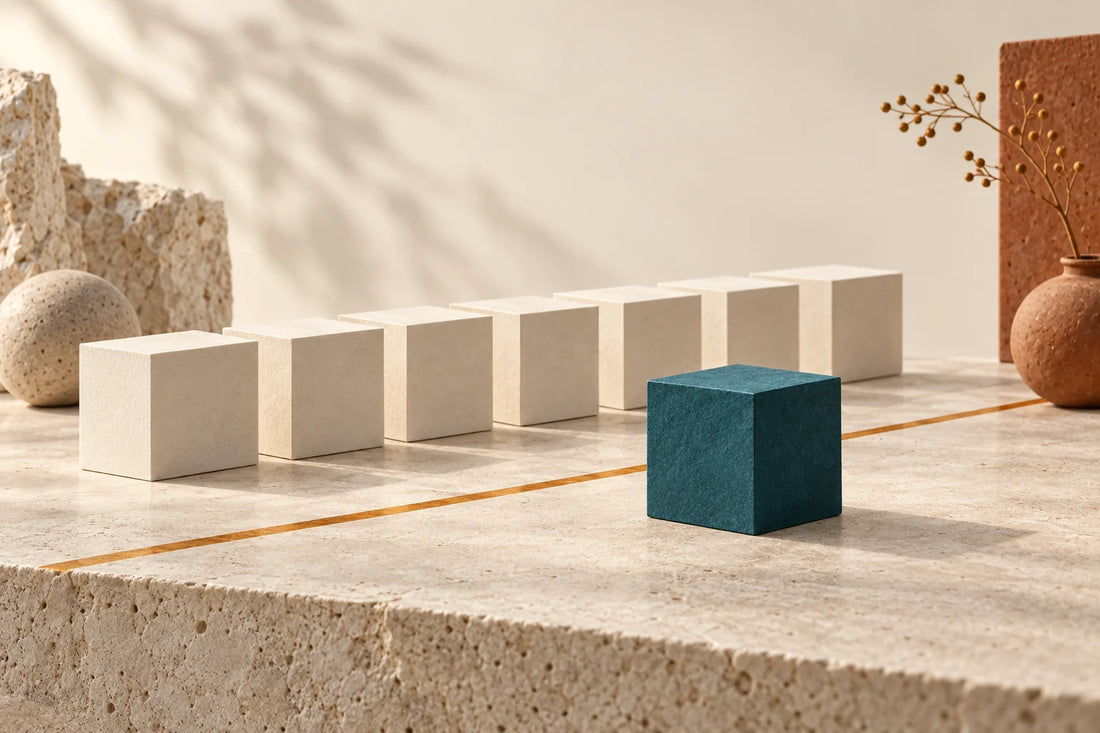 Row of cream blocks with one teal block set apart in front of an amber line