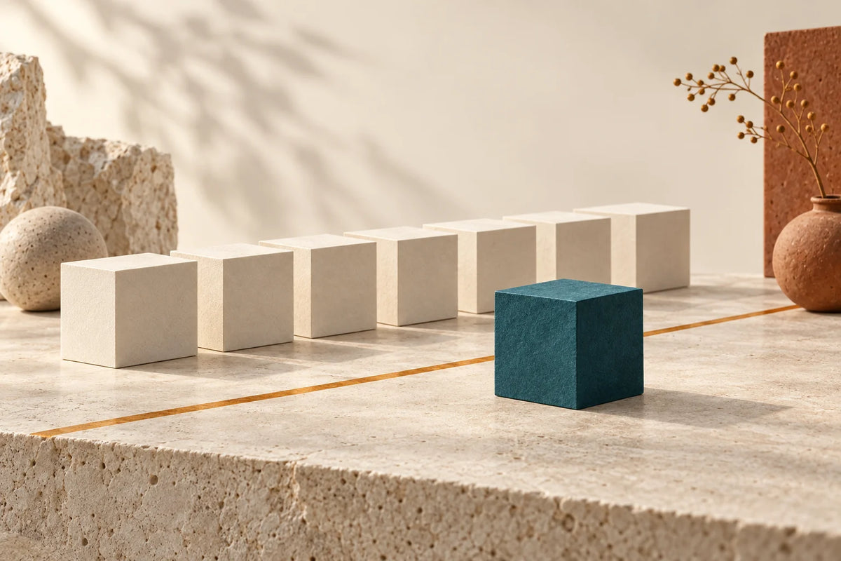 Row of cream blocks with one teal block set apart in front of an amber line