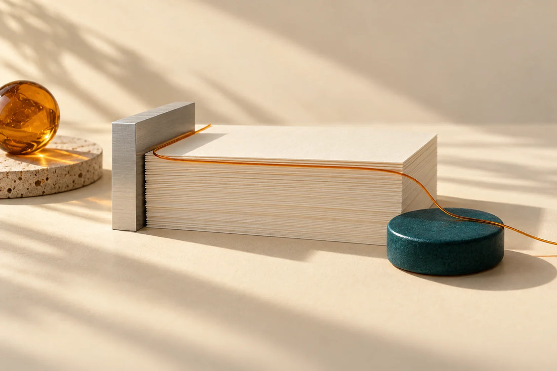 Aligned cream paper stack against an aluminium square with a teal stamp disc and amber thread