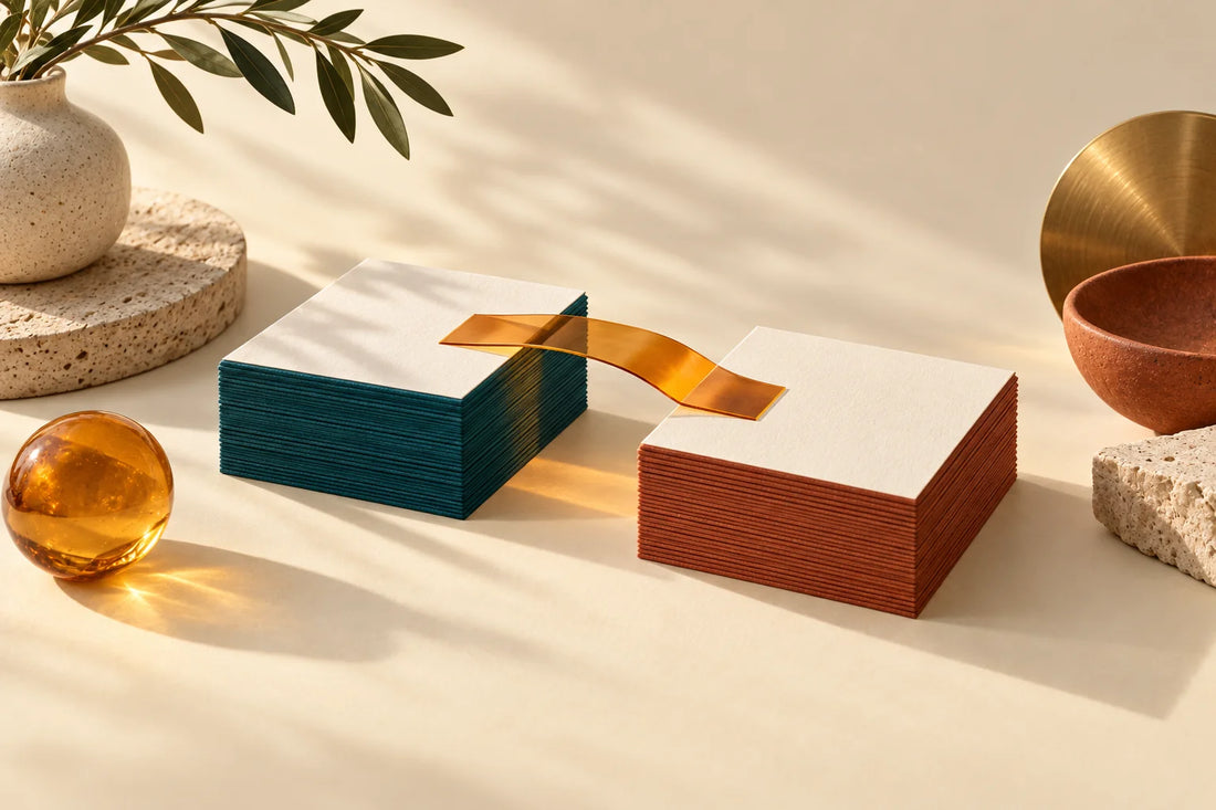 Two stacks of cream cards edged in teal and terracotta linked by an amber strip