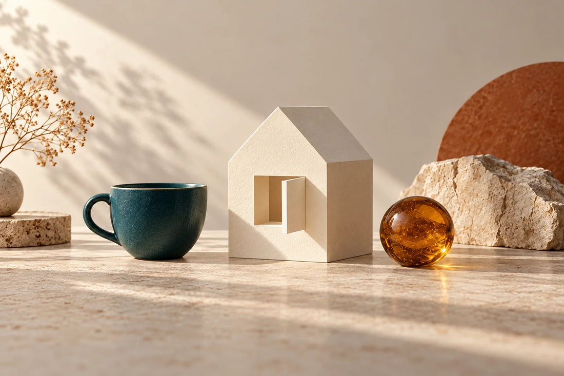 Cream paper house model with an open window, a teal cup and an amber sphere