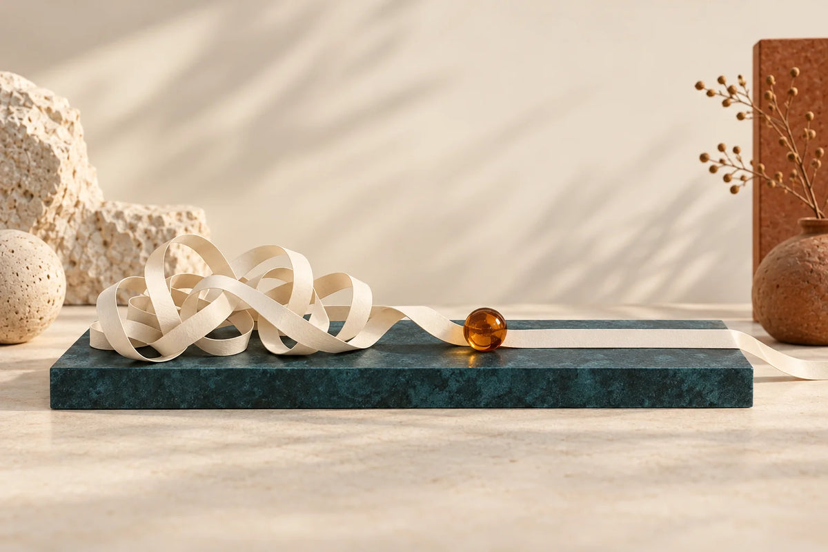 Tangled cream paper strips straightening into one neat ribbon on a teal stone base