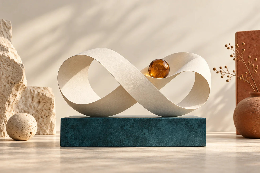 Cream paper ribbon twisting into an endless loop on a teal plinth with an amber sphere