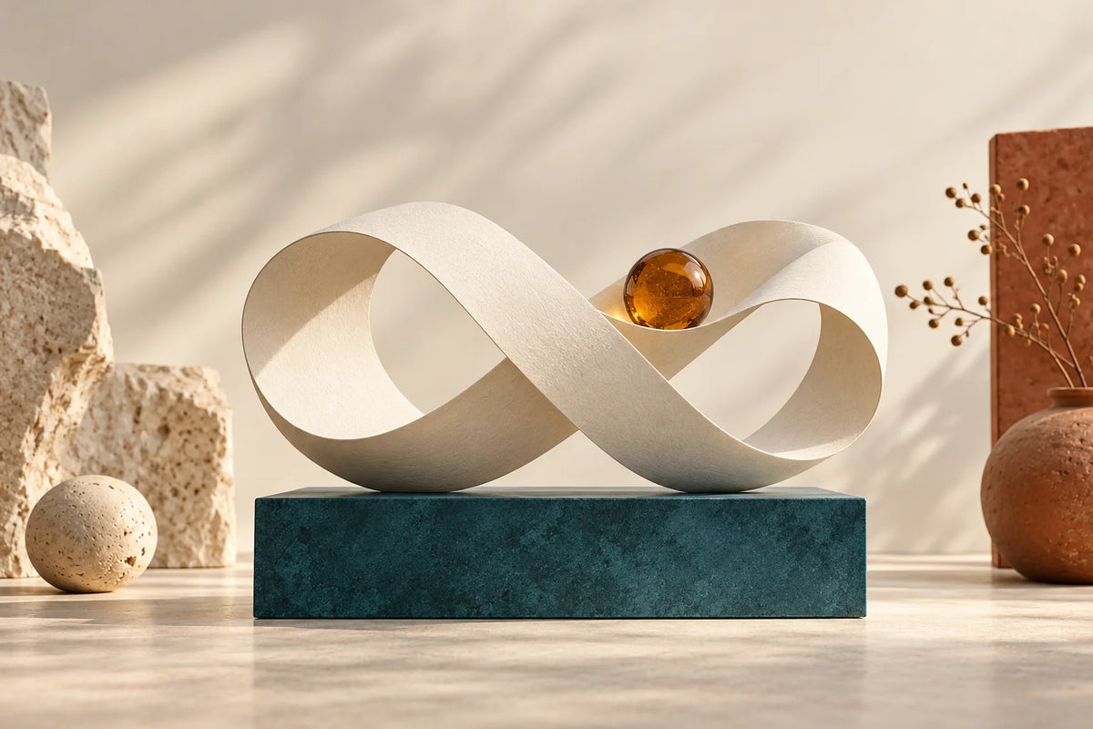 Cream paper ribbon twisting into an endless loop on a teal plinth with an amber sphere