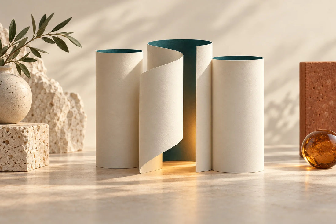 Tall cream paper cylinders with one opened to connect to its neighbour, teal inside