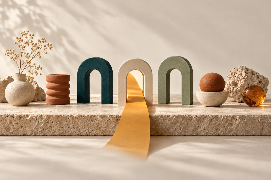 Row of ceramic objects in teal, cream, sage and terracotta with one lit in amber