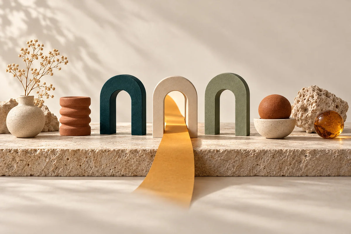 Row of ceramic objects in teal, cream, sage and terracotta with one lit in amber