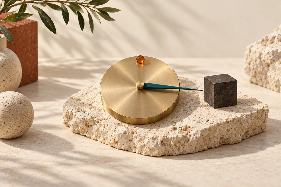 Compass disc whose teal needle is pulled toward an iron block, away from an amber marker