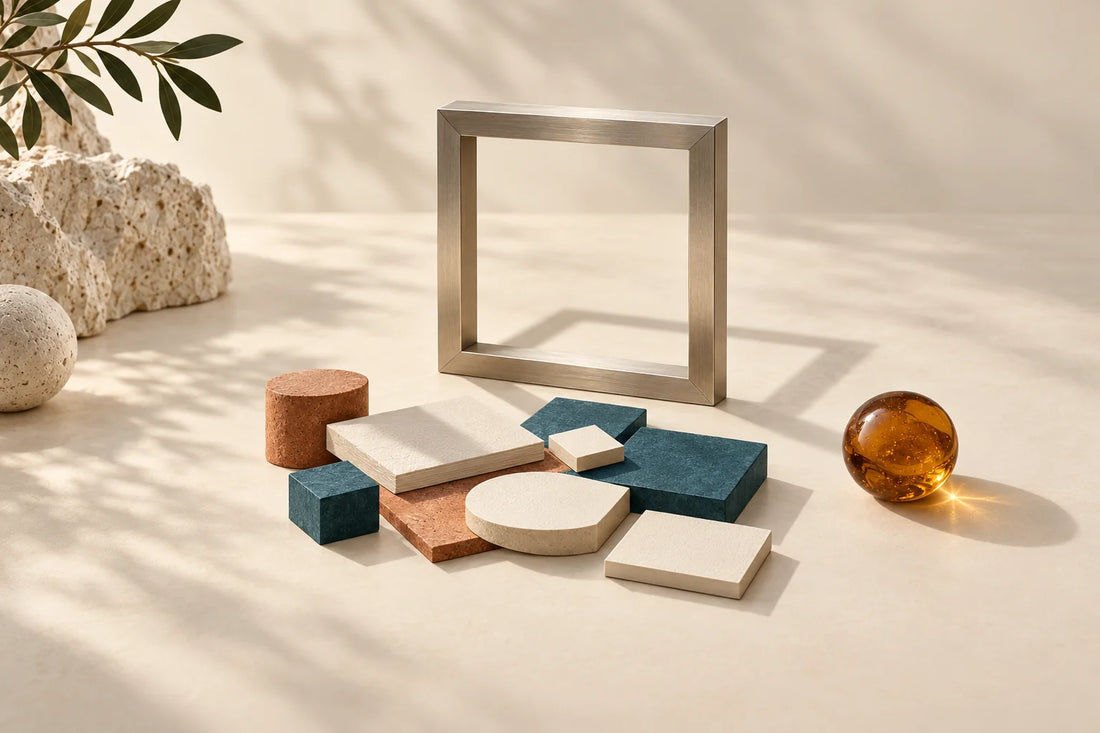 Aluminium square frame standing back from a cluster of cream paper tiles and teal blocks