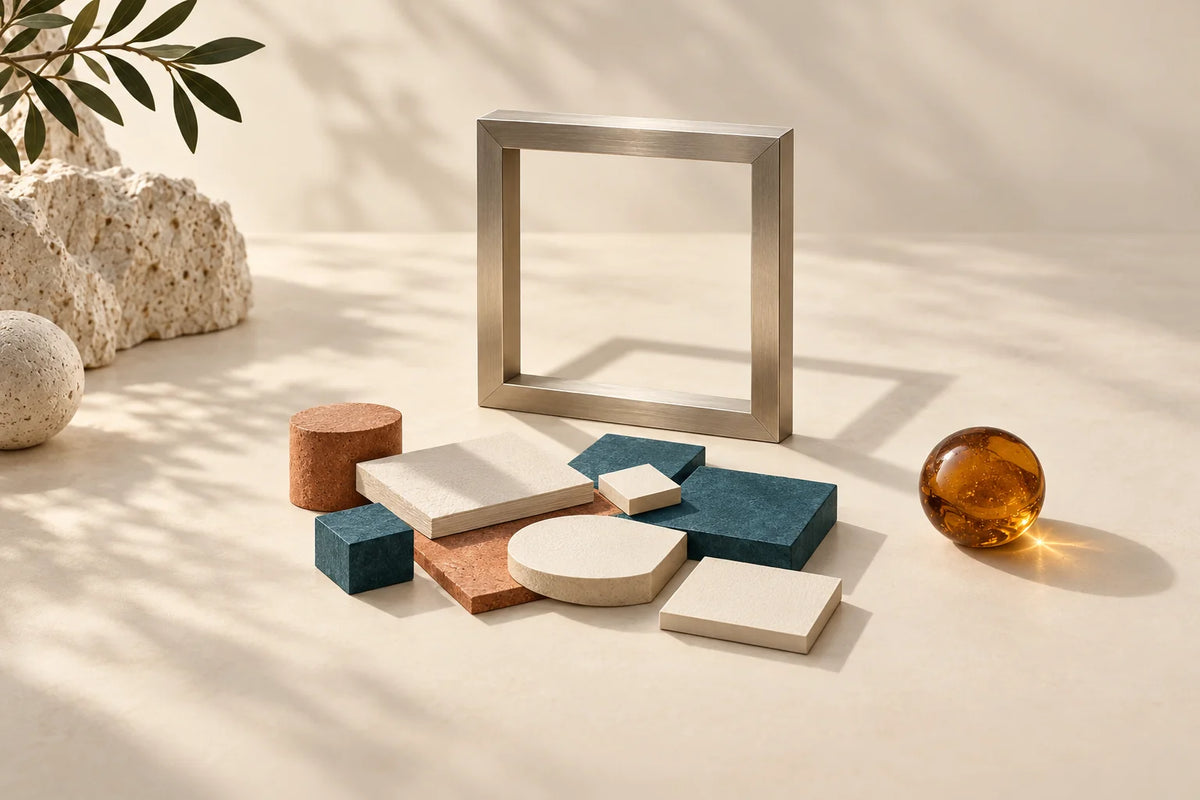Aluminium square frame standing back from a cluster of cream paper tiles and teal blocks