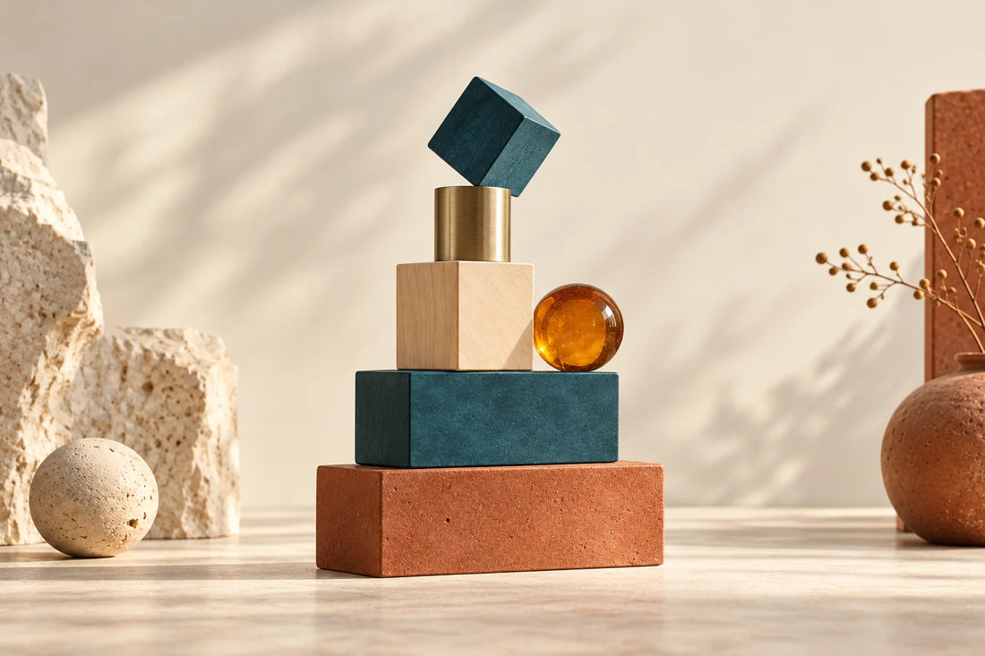 Wooden blocks in cream, teal, terracotta and amber stacked into a playful tower