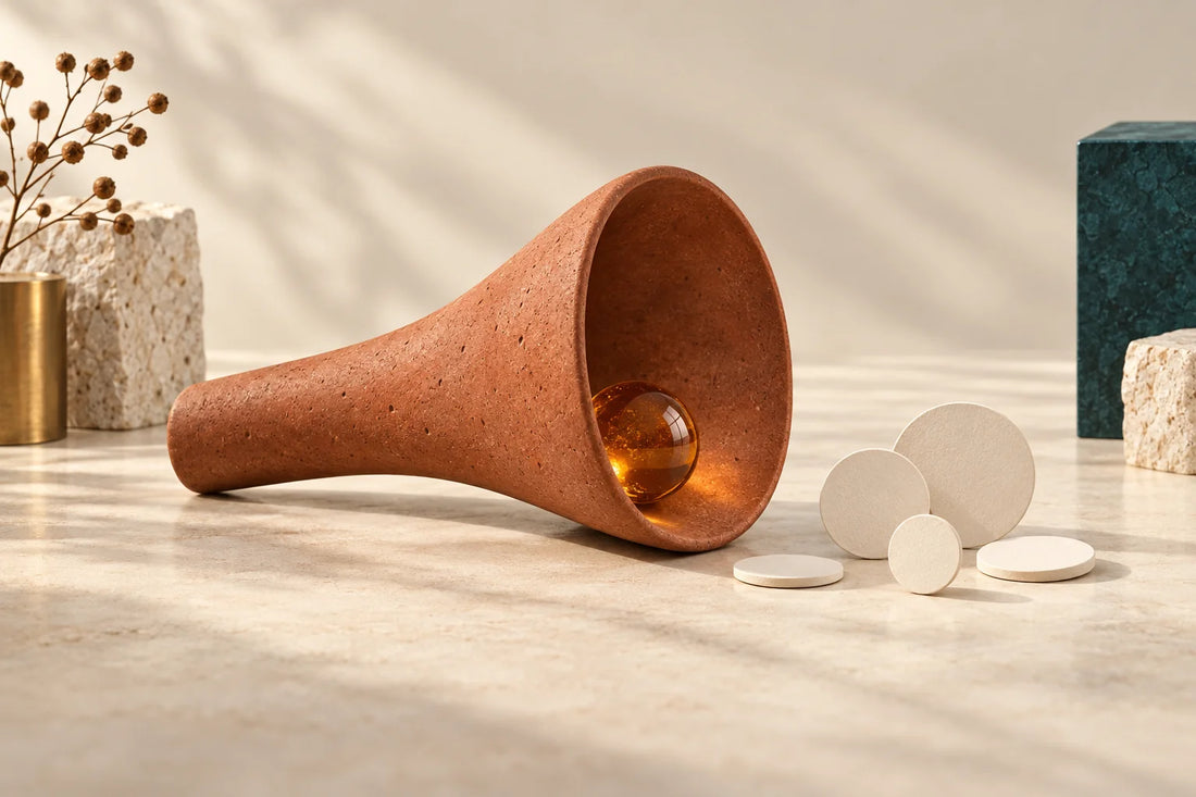 Terracotta ceramic horn opening toward cream paper discs with an amber sphere inside