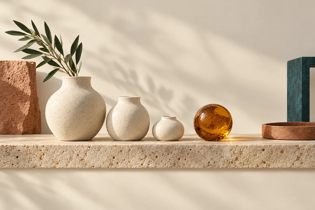 Amber glass sphere catching warm light beside a row of cream ceramic vessels